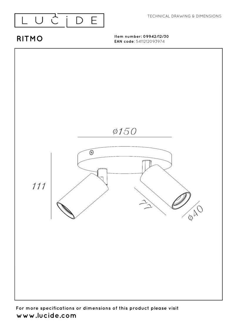 Lucide RITMO - Ceiling spotlight - Ø 15 cm - 2xGU10 (MR11) - Black